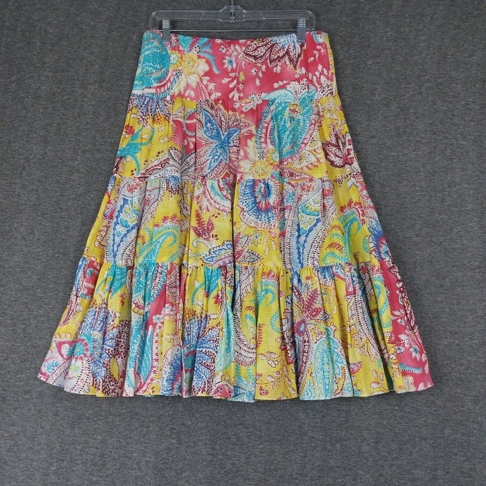 LAUREN RALPH LAUREN WOMENS MULTICOLOR PAISLEY 100% LINEN PULLON SKIRT SIZE S - Picture 1 of 6